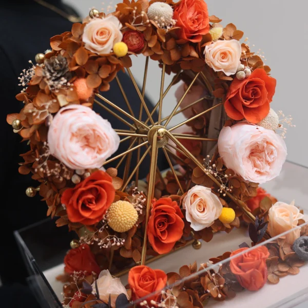 High Quality Real Touch Luxury Orange  Ferris Wheel Preserved Roses Flowers in Acrylic Gift Box for Wedding Gift