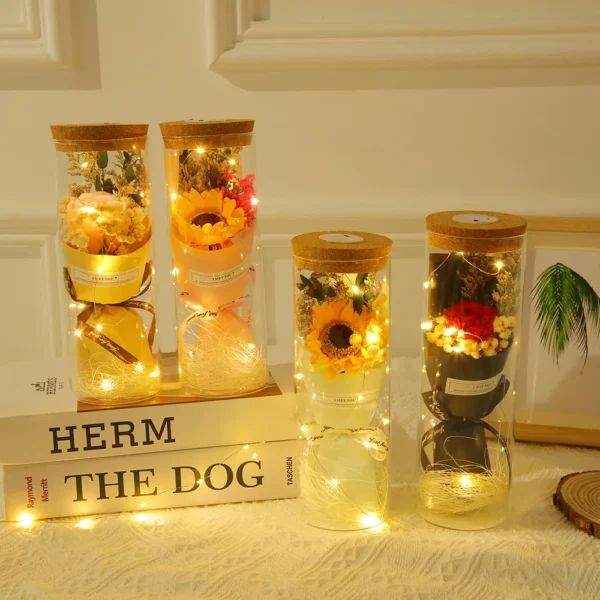 Handmade Mini Bouquet of Dried Flowers in Glass Cover Bottle for Mother's Day Valentine's Day Christmas New Year