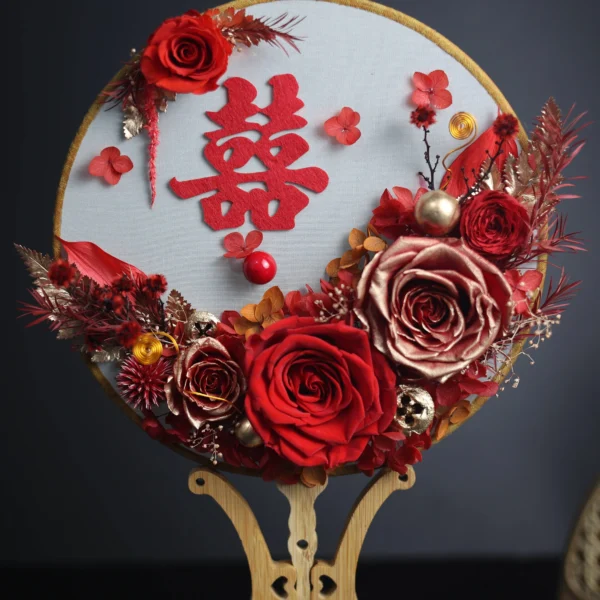 Preserved Flower Bridal Group Fan Ancient Style Fan Wedding Joy Fan Creative Hand Holding Flower As Gift for New Couples